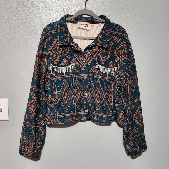 SAVANNA JANE Jacket Womens Medium Teal Western Boho Fringe Bling - Picture 3 of 11